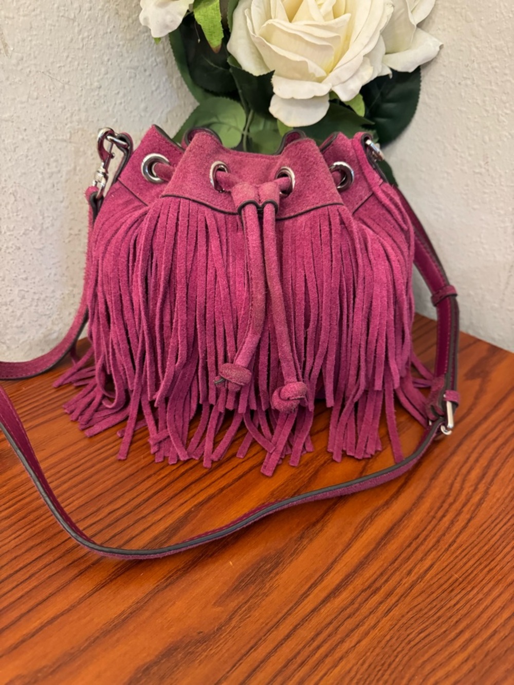 Rebecca Minkoff Magenta Suede Fringe Drawstring Crossbody